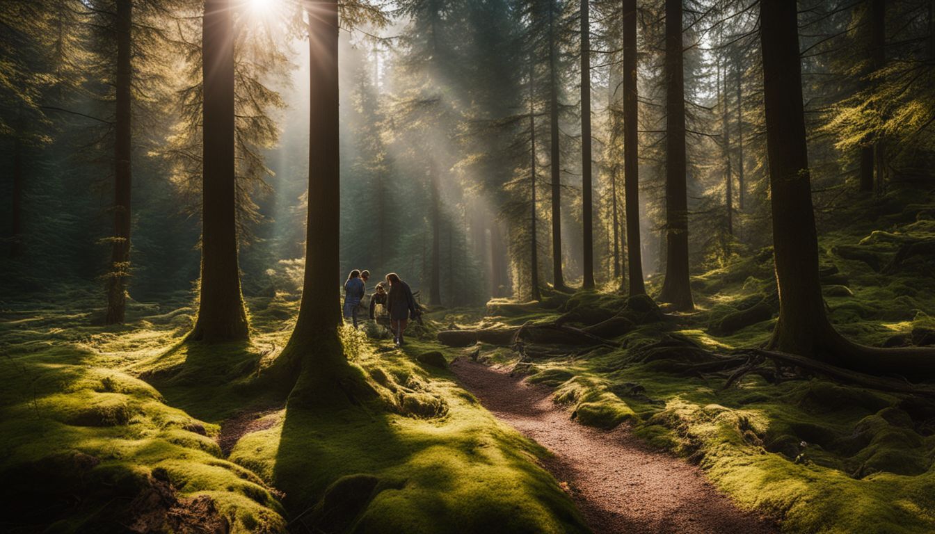 une photo d'une forêt tranquille et sereine avec des rayons de soleil à travers les arbres.