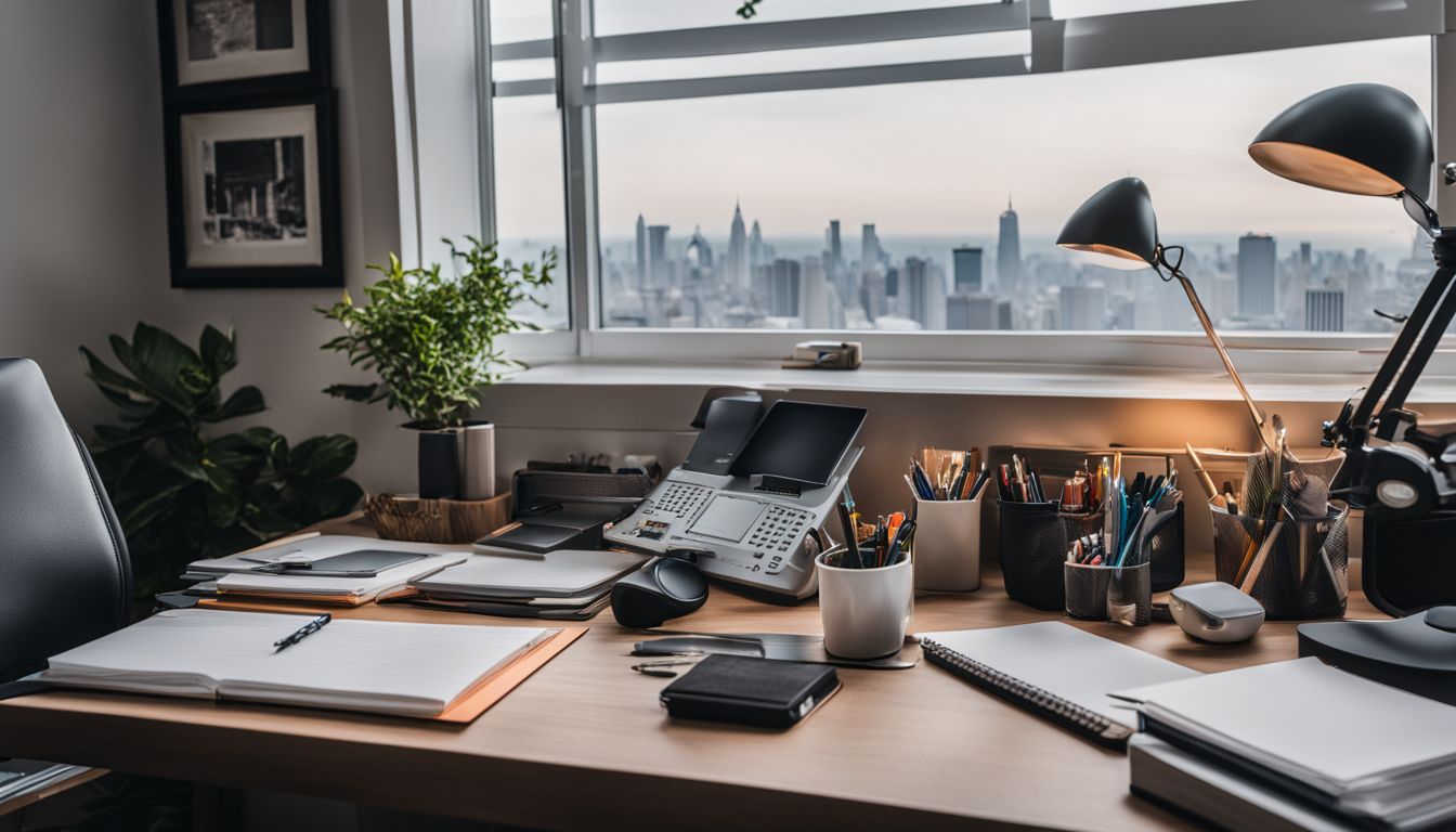 A well-organized desk with office supplies and diverse cityscape photography.