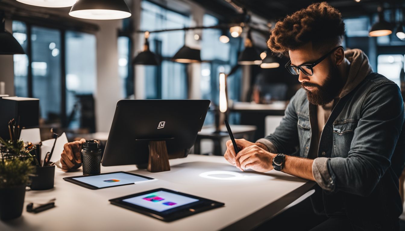 A designer creating a logo on a digital tablet in a modern studio.