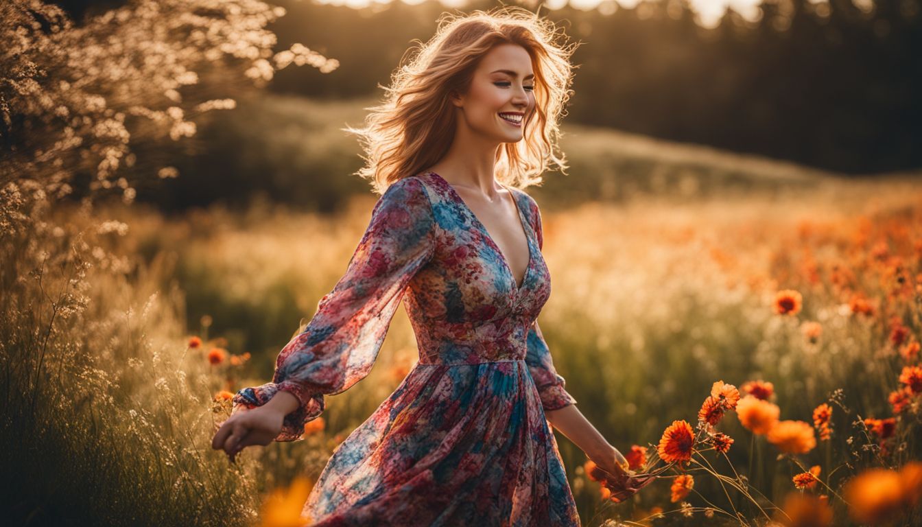 A woman in a vibrant floral dress twirling in a sunlit field.