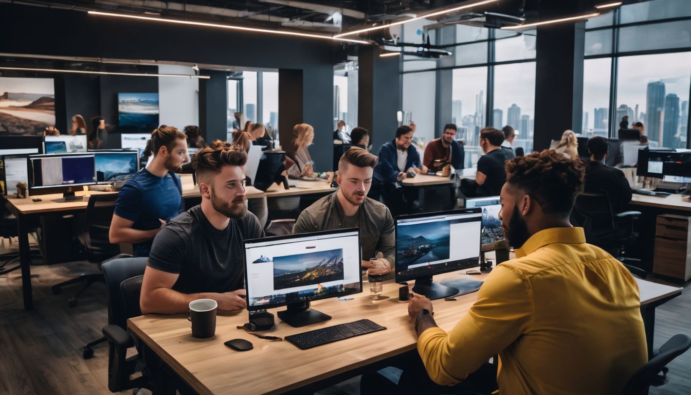 A diverse team of developers and designers collaborating in a modern office space.