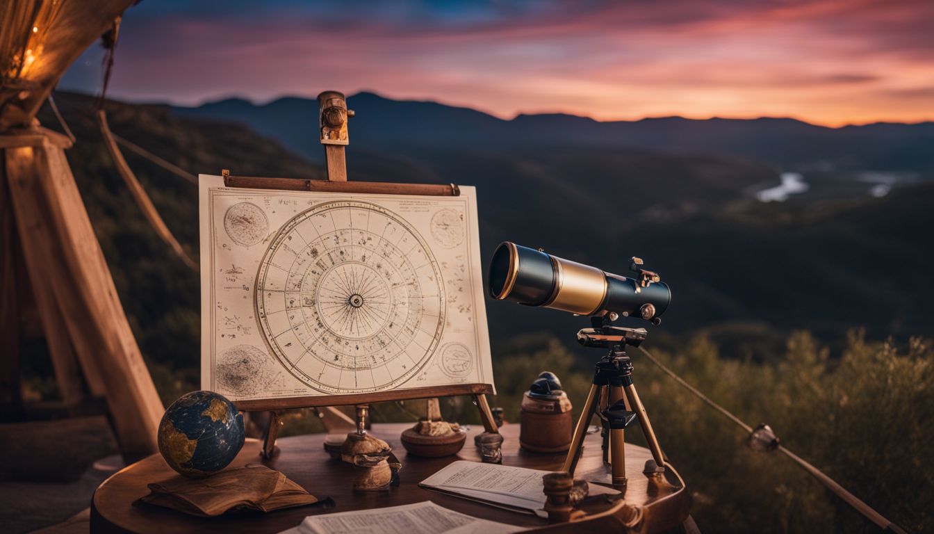 un graphique astrologique avec un télescope, une nuit étoilée, différents visages.