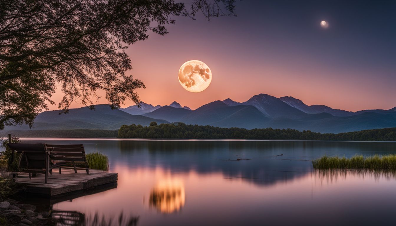 une pleine lune se lève au-dessus d'un lac tranquille.