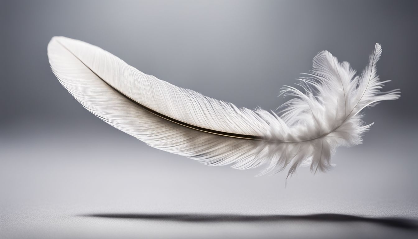 A single white feather floating against a plain white background.
