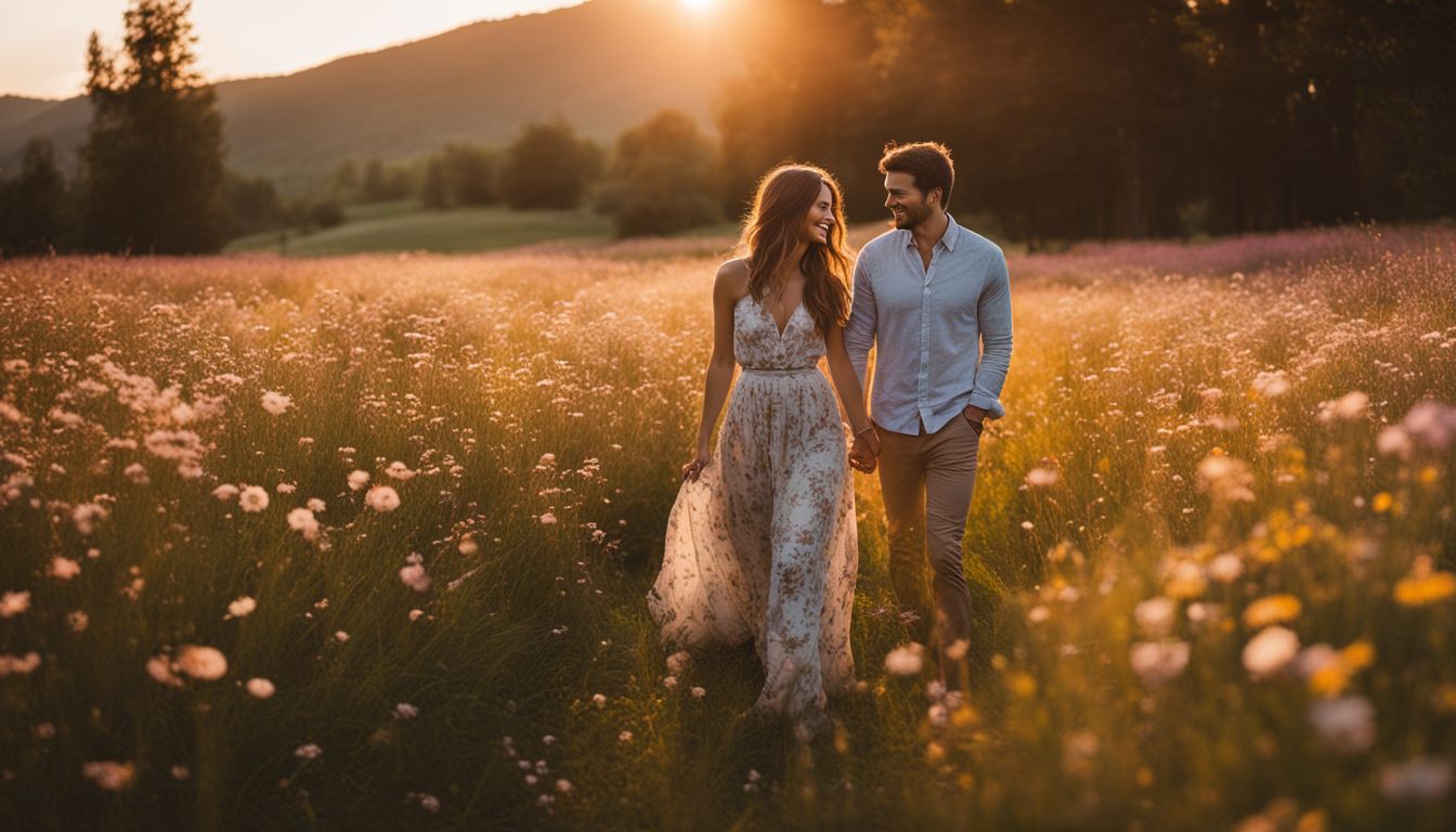 un couple se promenant main dans la main à travers un champ de fleurs au coucher du soleil.