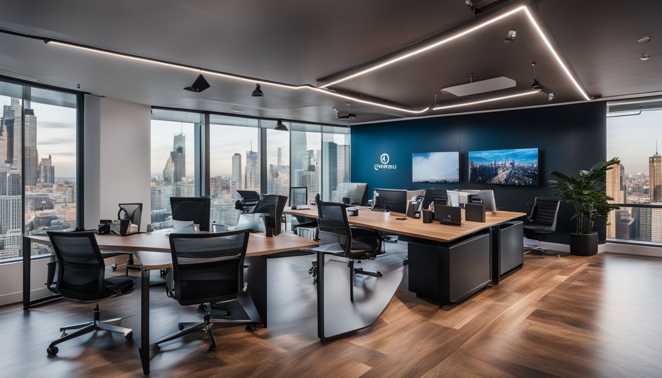 A modern office space with diverse people and professional logo.