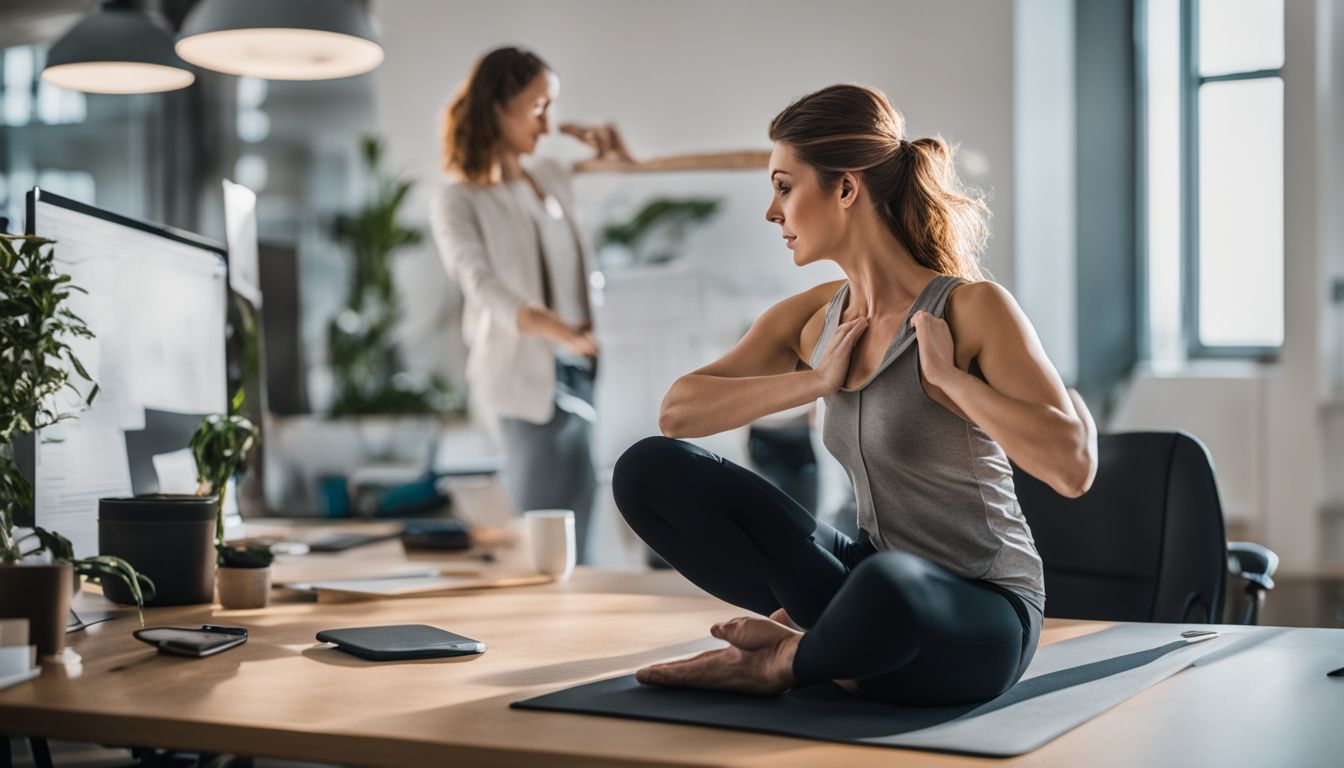 une femme professionnelle pratique le yoga au bureau.