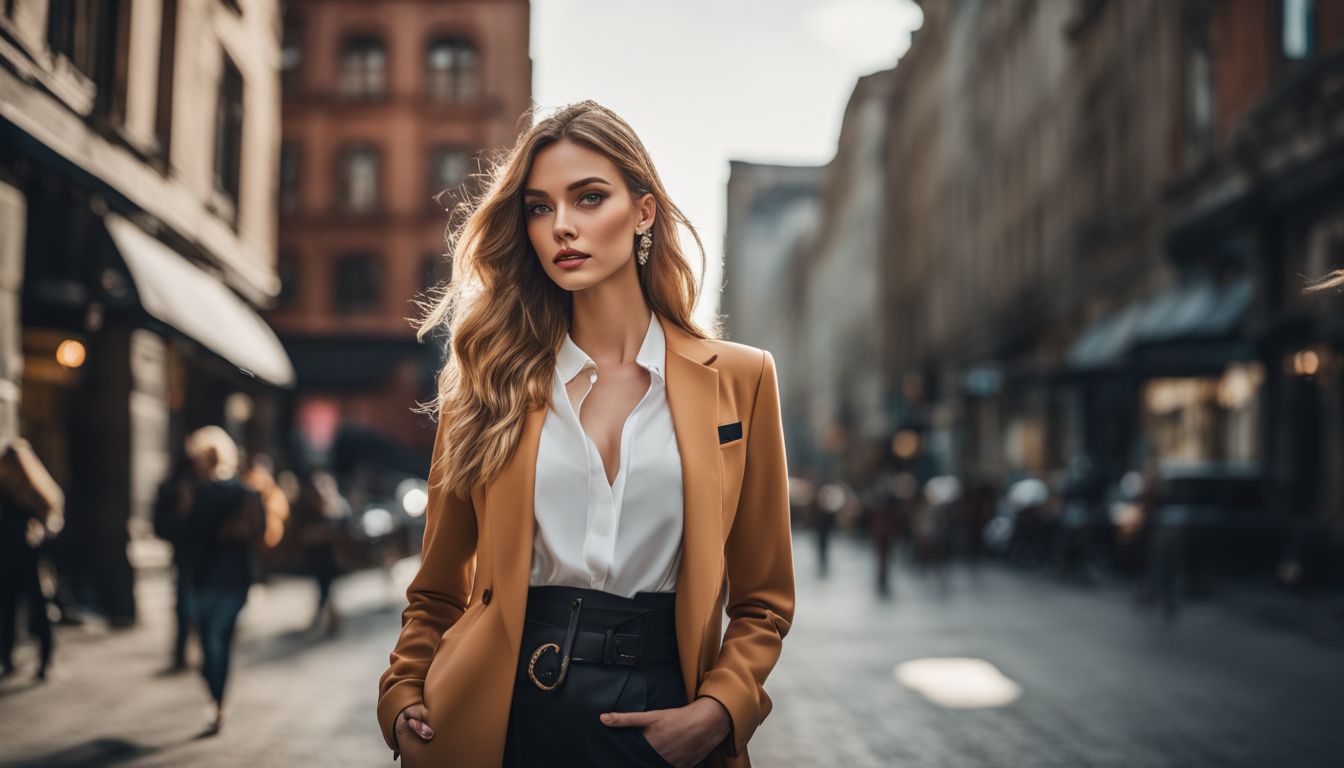 A professional model showcasing branded attire in an urban cityscape.