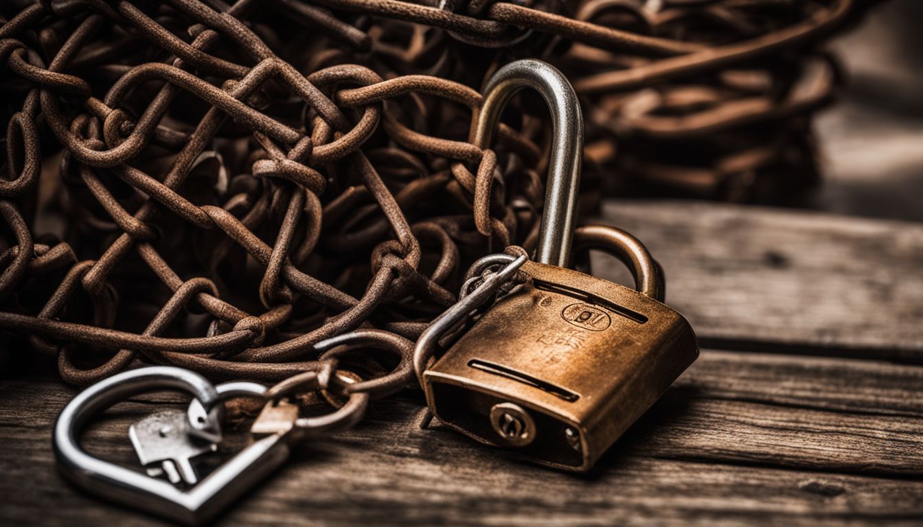 An old padlock is surrounded by a tangle of rusty keys.