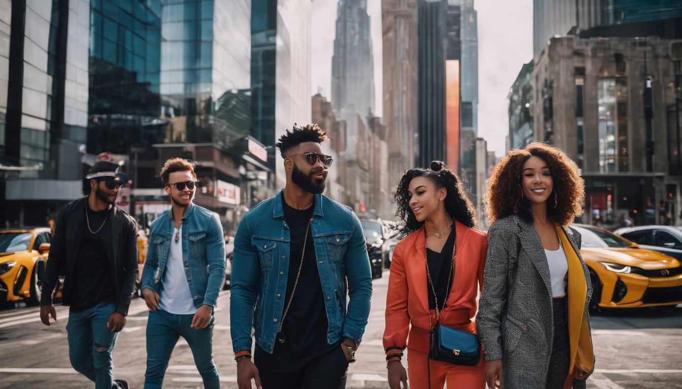 A group of people in custom-branded outfits in an urban setting.