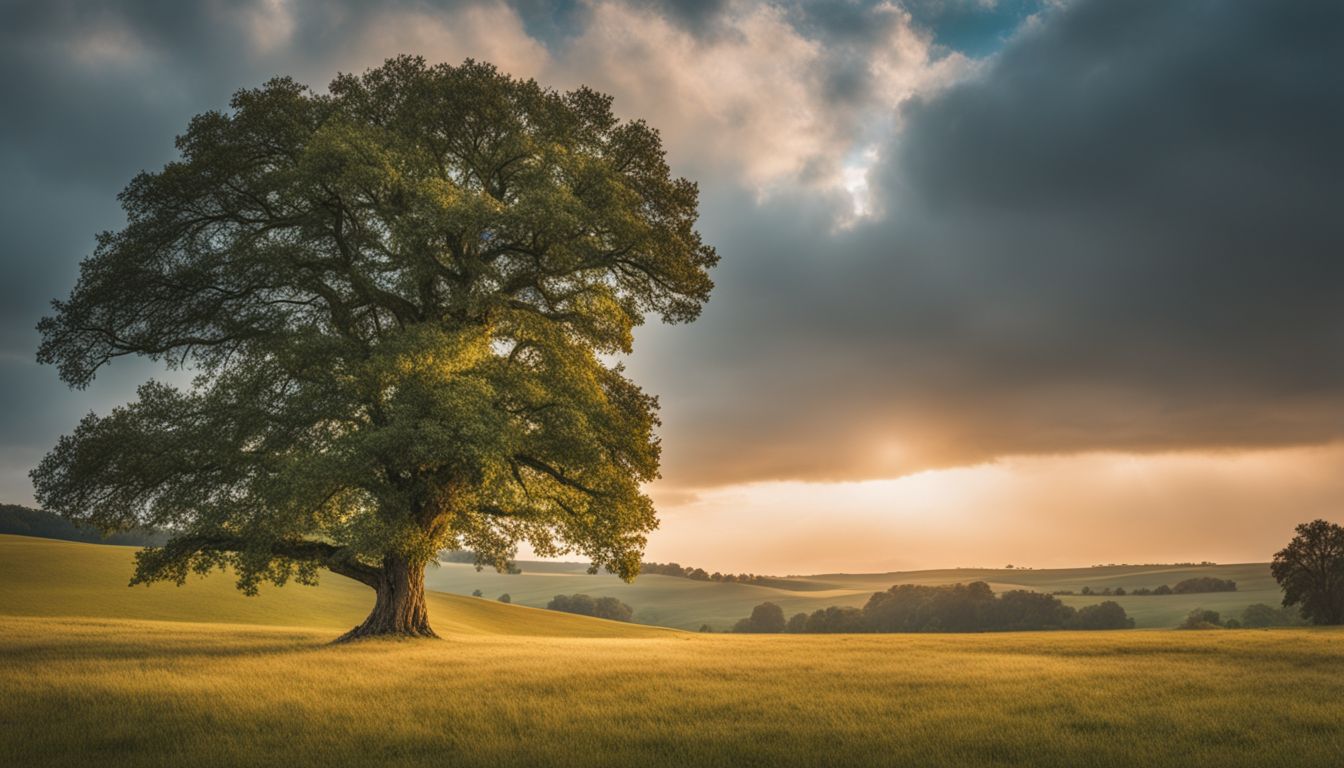 A lone oak tree standing in a serene meadow, captured in a stunning photograph.