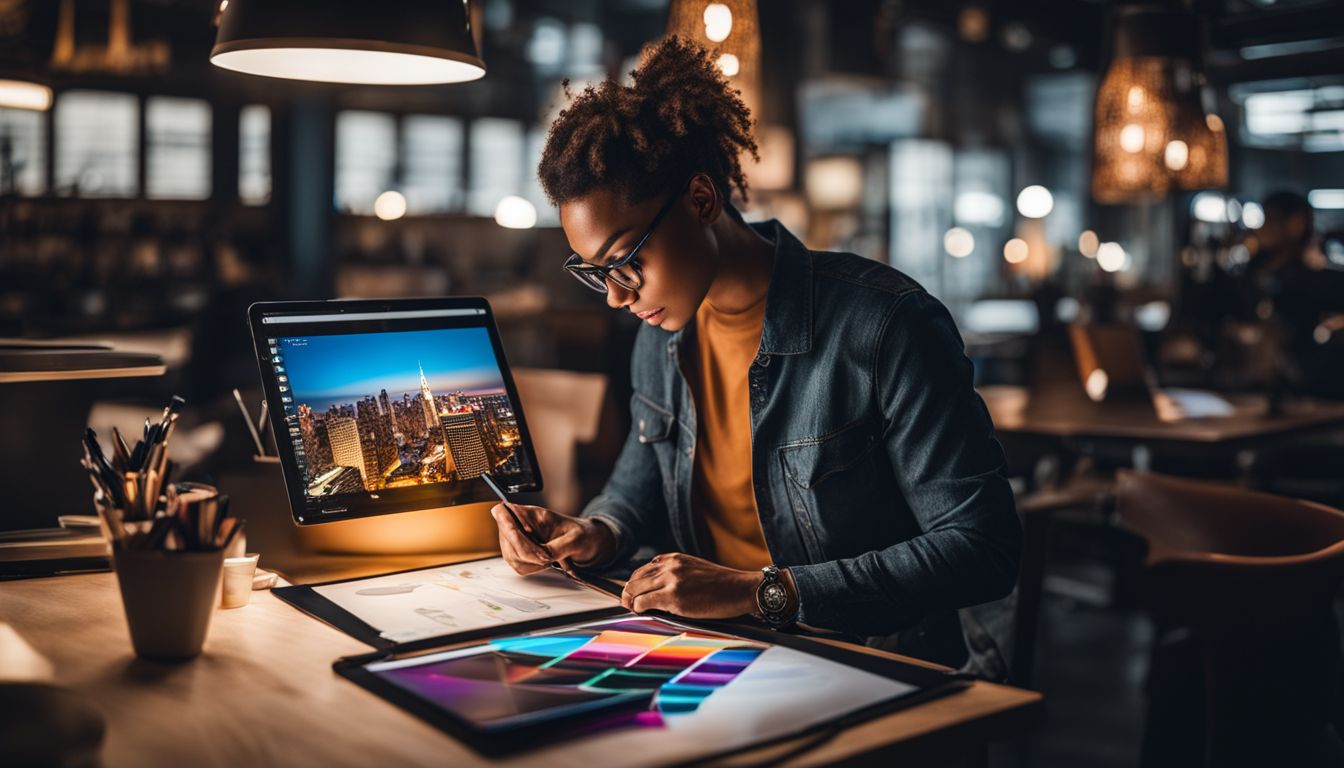 A graphic designer using digital tablet to create diverse cityscape photography.
