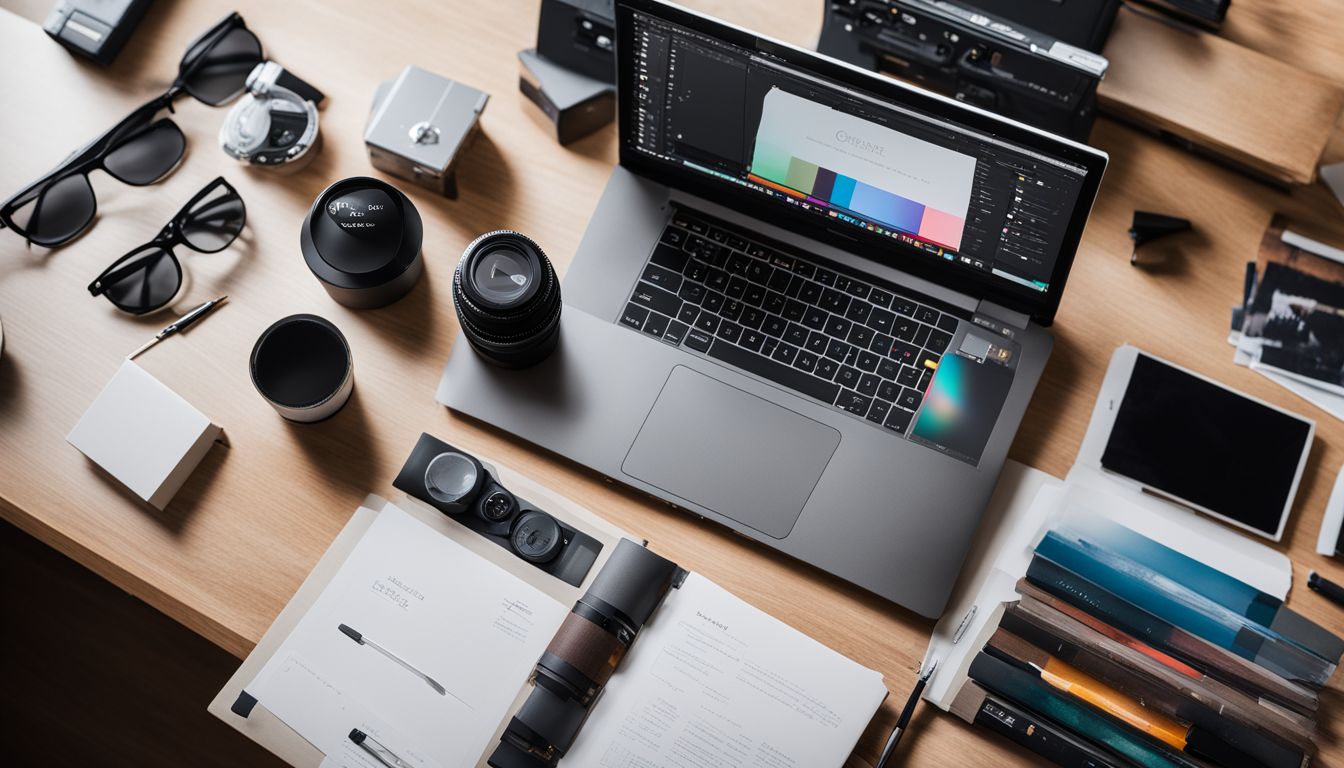 The photo captures a clean and organised desk with typography and graphic design tools.