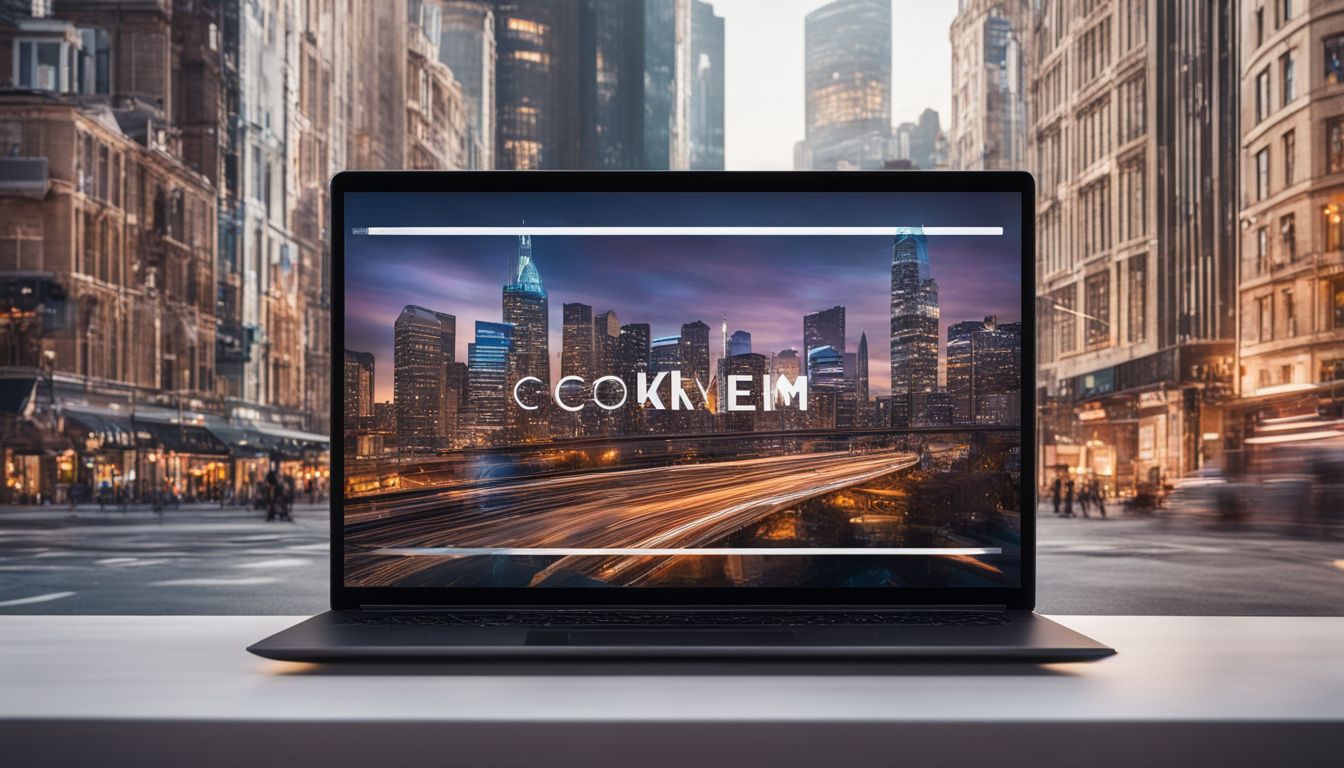 A modern cityscape photography logo displayed on a laptop screen.