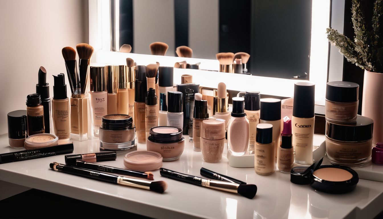 Various makeup products arranged on a clean vanity for beauty photography.