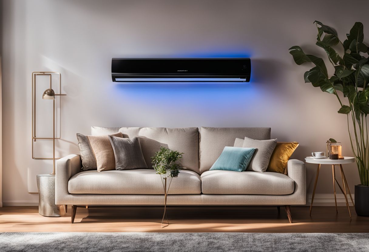 A modern smart air conditioning unit in a stylish living room.