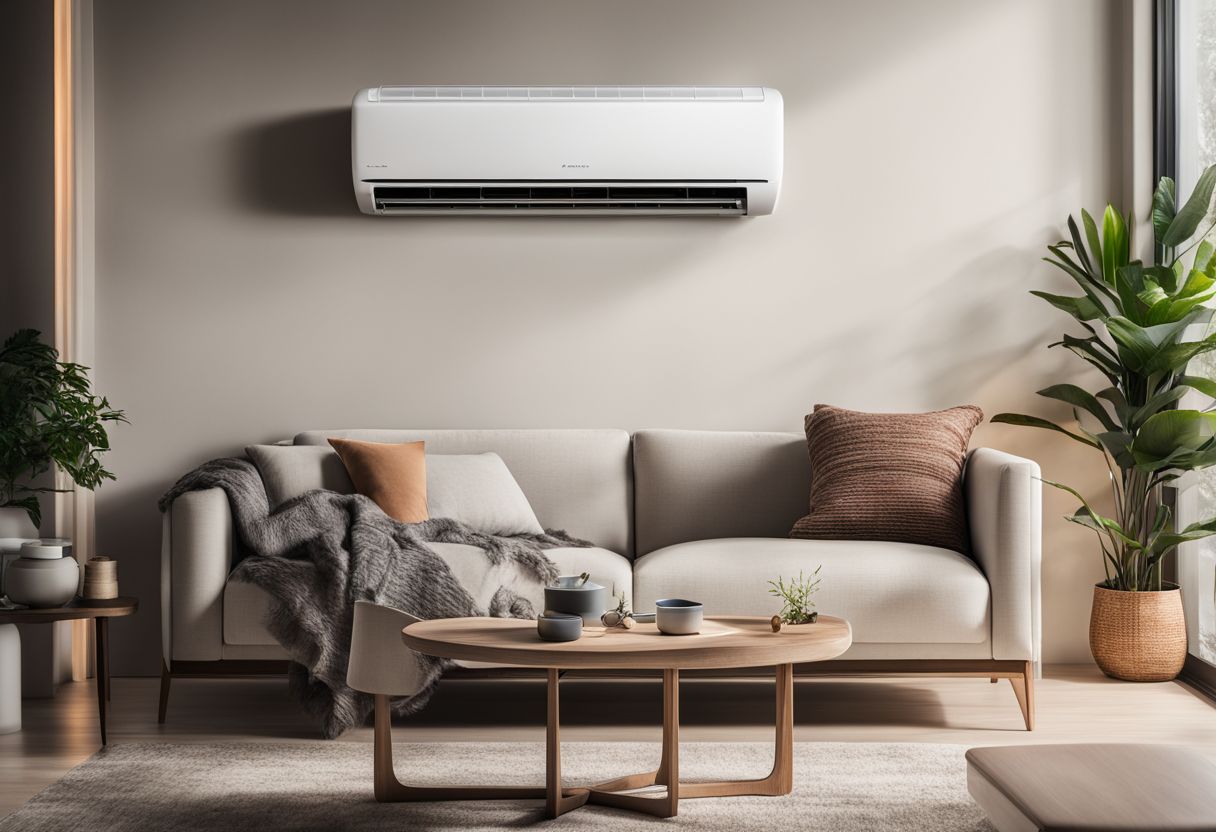A modern aircon unit with advanced filtration in a minimalist living room.