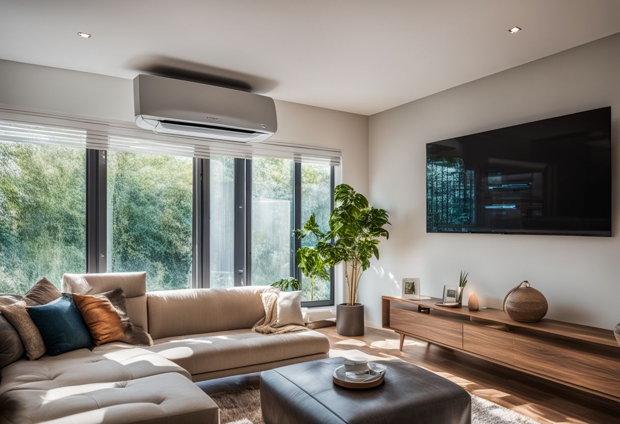 An energy-efficient smart air conditioning unit in a modern eco-friendly home.