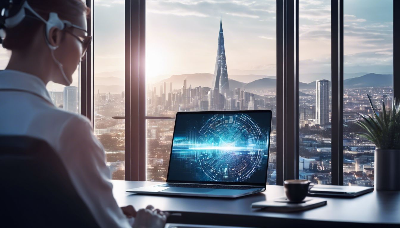 Futuristic AI technology with cityscape background displayed on open laptop.