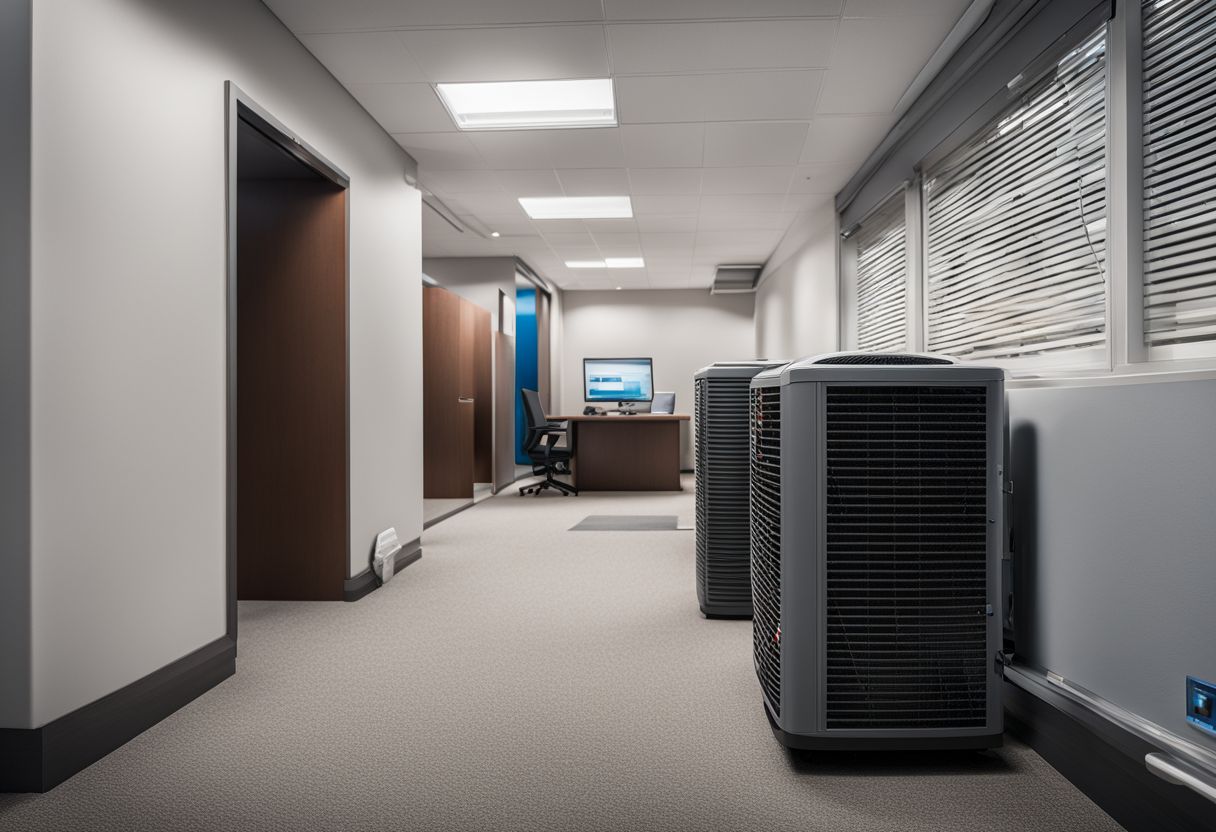 A clean air conditioning filter surrounded by efficient office equipment in a bustling workplace.