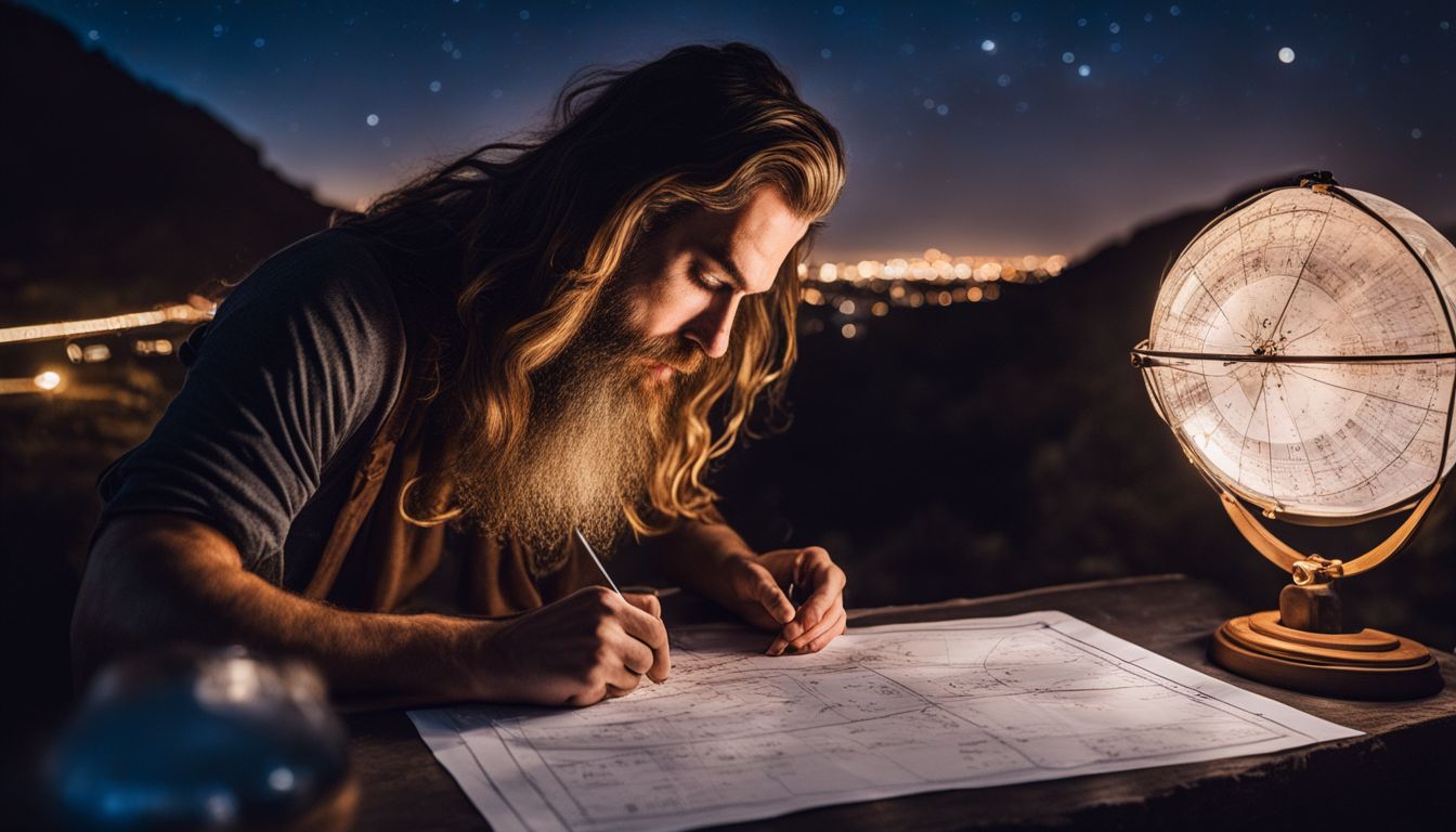 un astrologue analyse une carte du ciel sous un ciel étoilé.