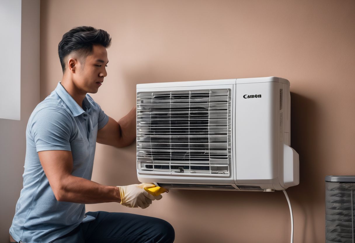 A person cleaning an aircon filter in a well-organized indoor environment.