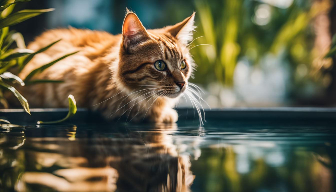 A cat stares at its reflection in a pool of water.