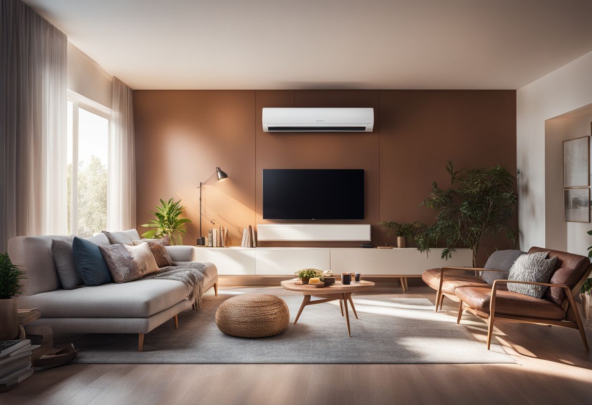 A modern ductless HVAC unit installed in a sunlit living room.