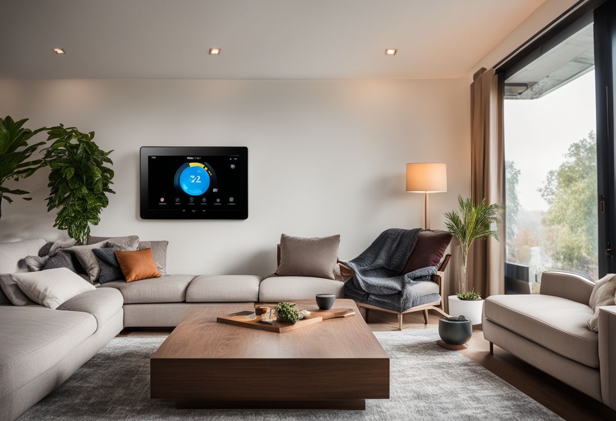 A smart home thermostat adjusts temperature in a comfortable living room.