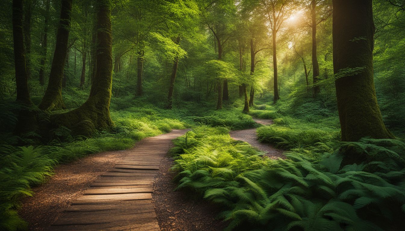 Ein friedlicher Wald mit einem verwundenen Weg durch üppiges Grün.