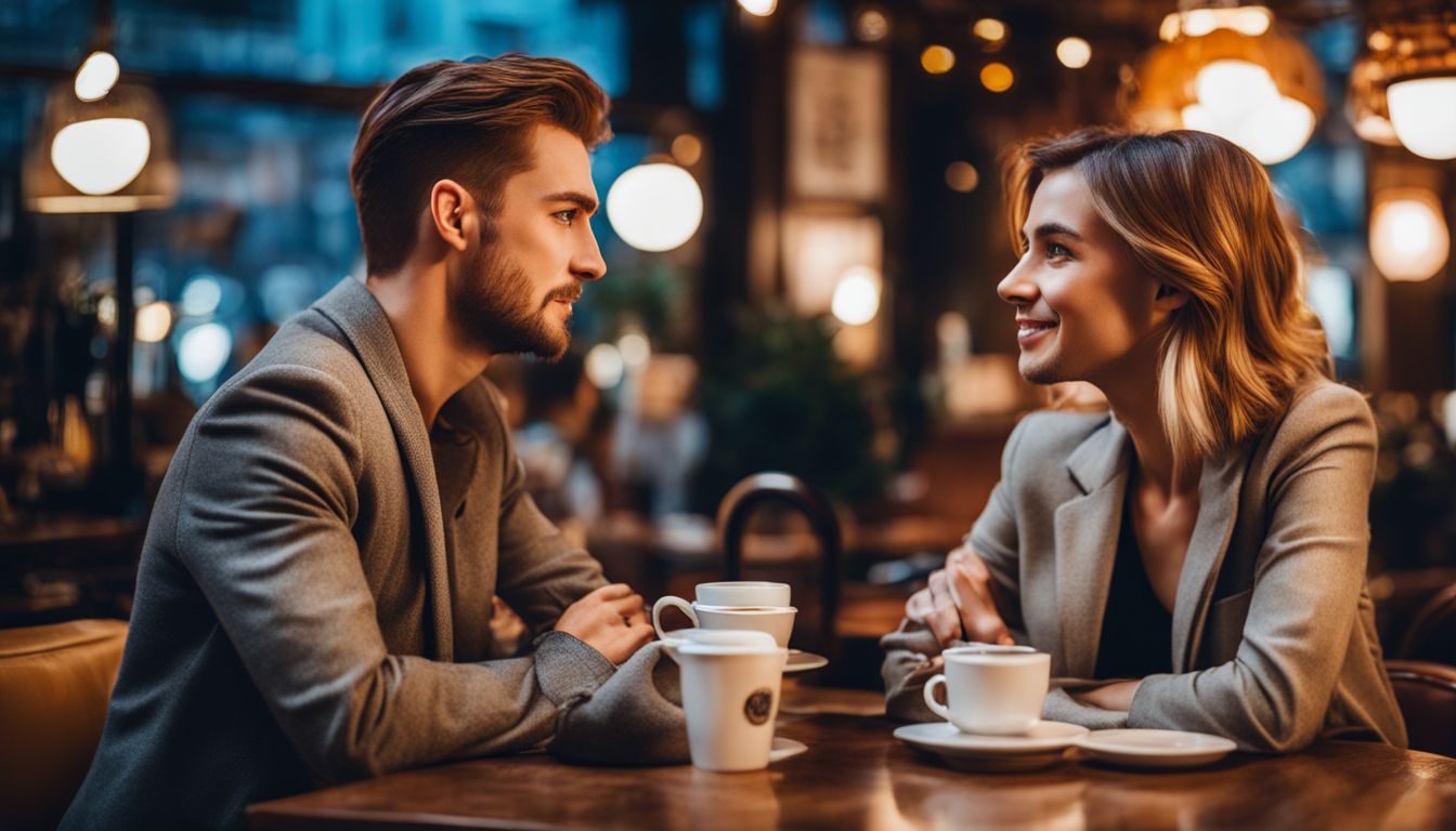 a man and a woman having coffee in a fancy cafe