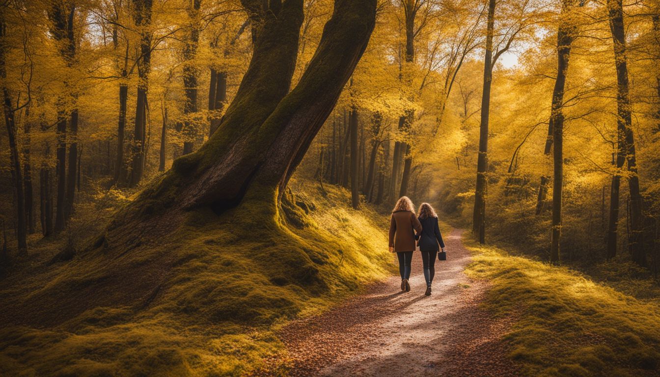 two women walking on a serene path surrounded with trees