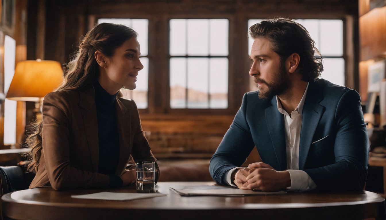 a man and a woman staring at each other while having a deep conversation