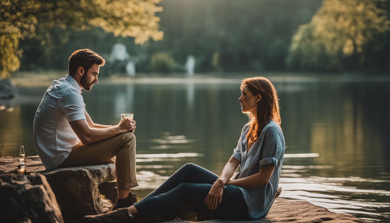 a man and a woman sitting by the lake