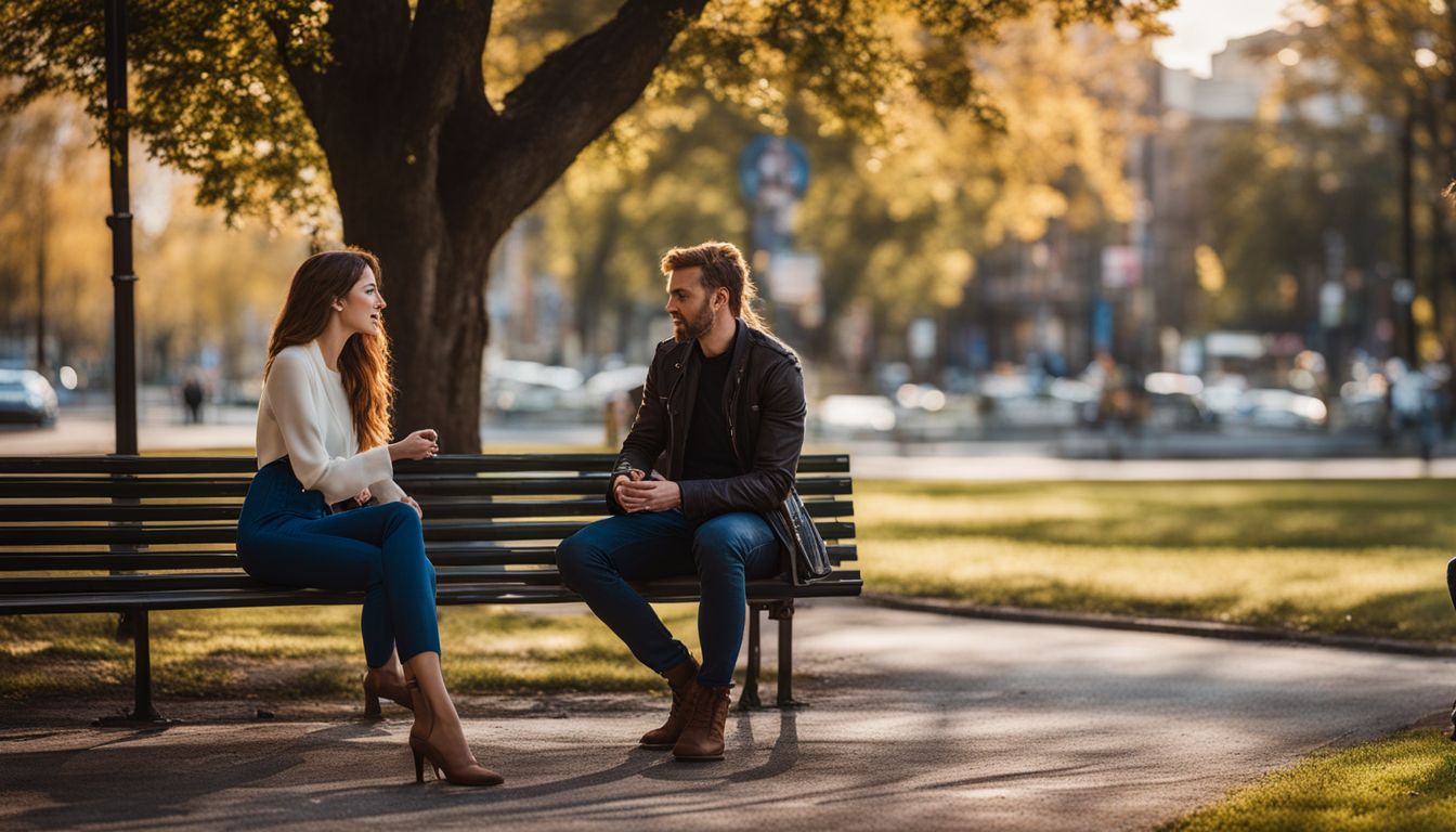a man and a woman sitting on a bench at a park while talking seriously