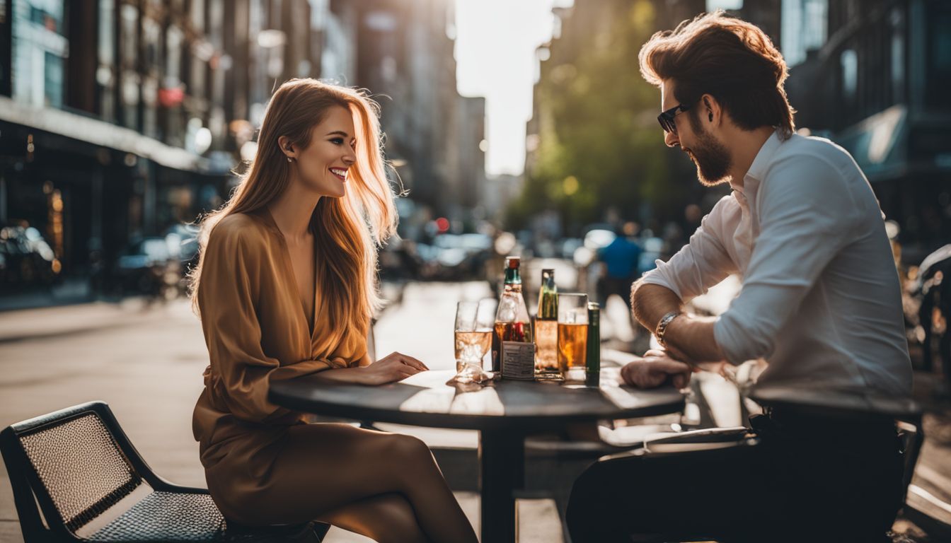two people having drinks in the afternoon outside of a restaurant