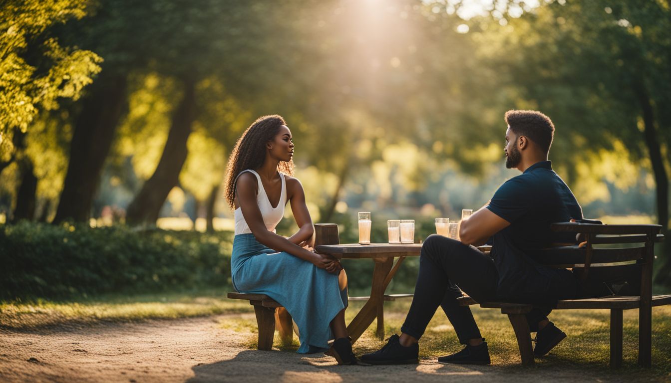 two people drinking at a park