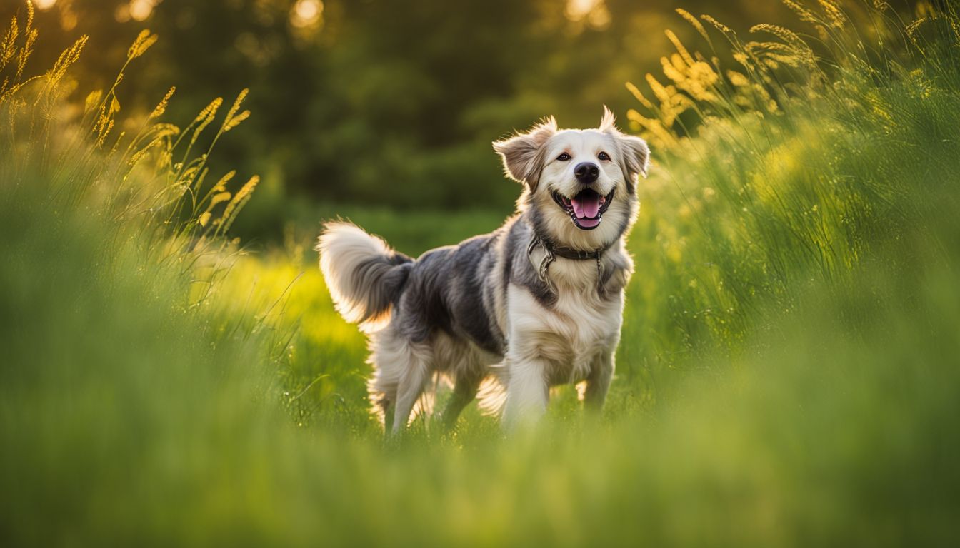 A happy dog playing in a green field with a prescription bottle.