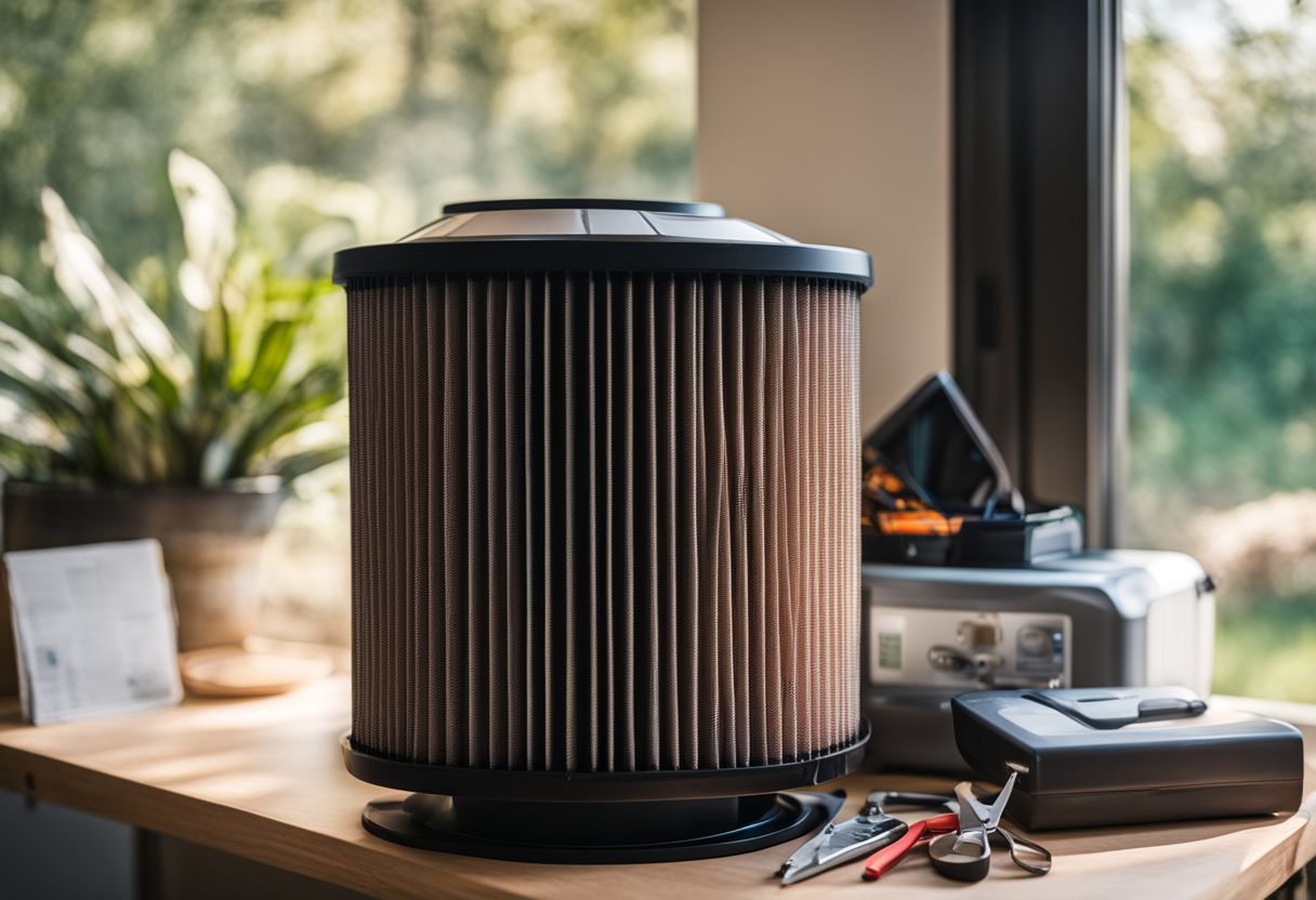 A clean air filter in front of an open AC unit surrounded by tools and nature photography.