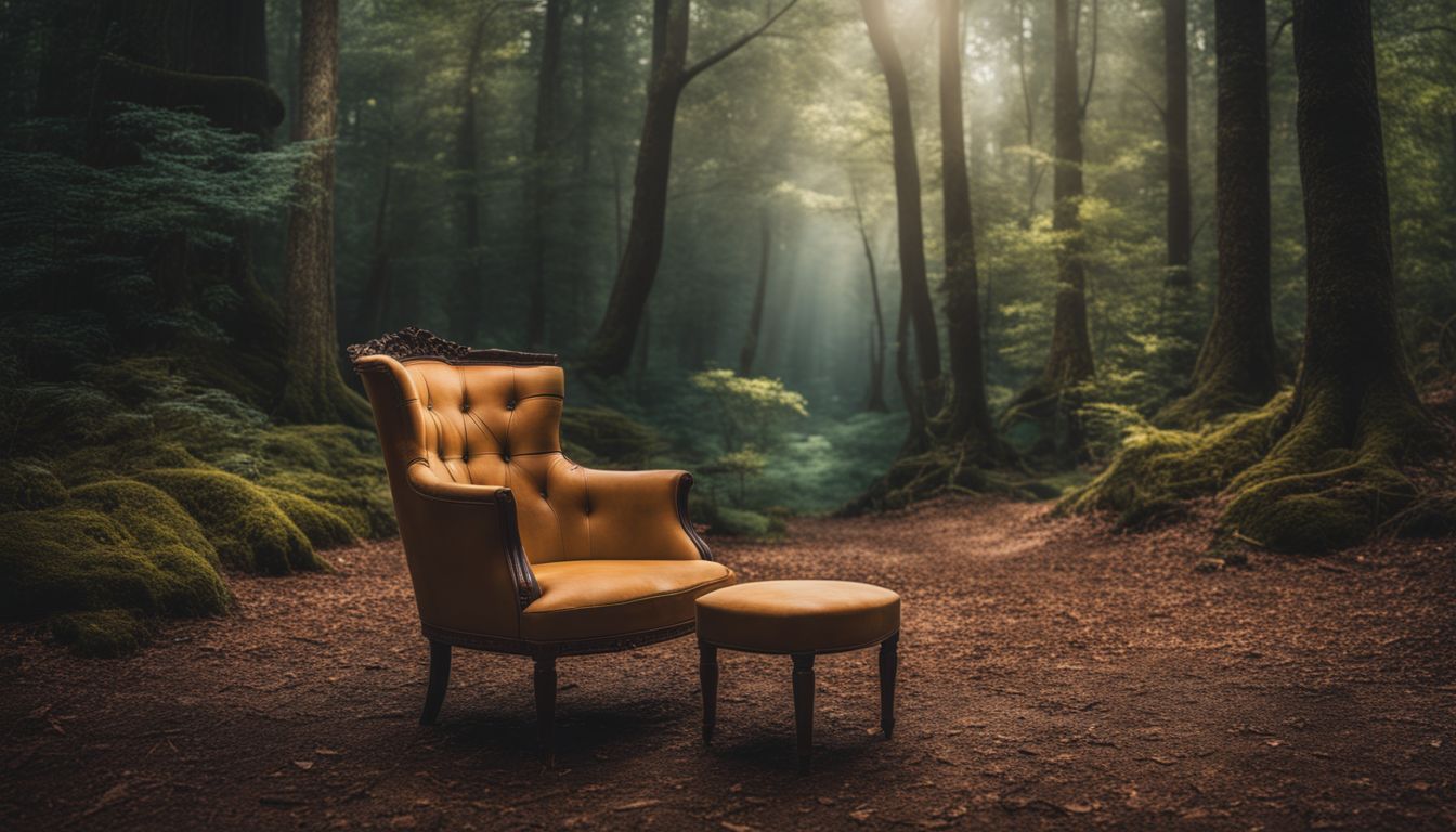 A surreal forest setting with an empty chair and diverse, stylish individuals.