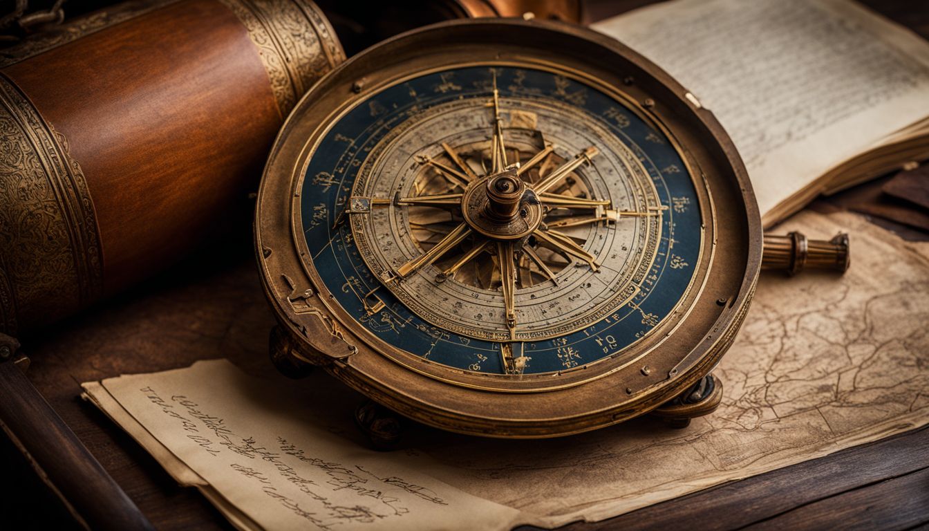 une astrolabe antique sur une table médiévale dans une pièce sombre.
