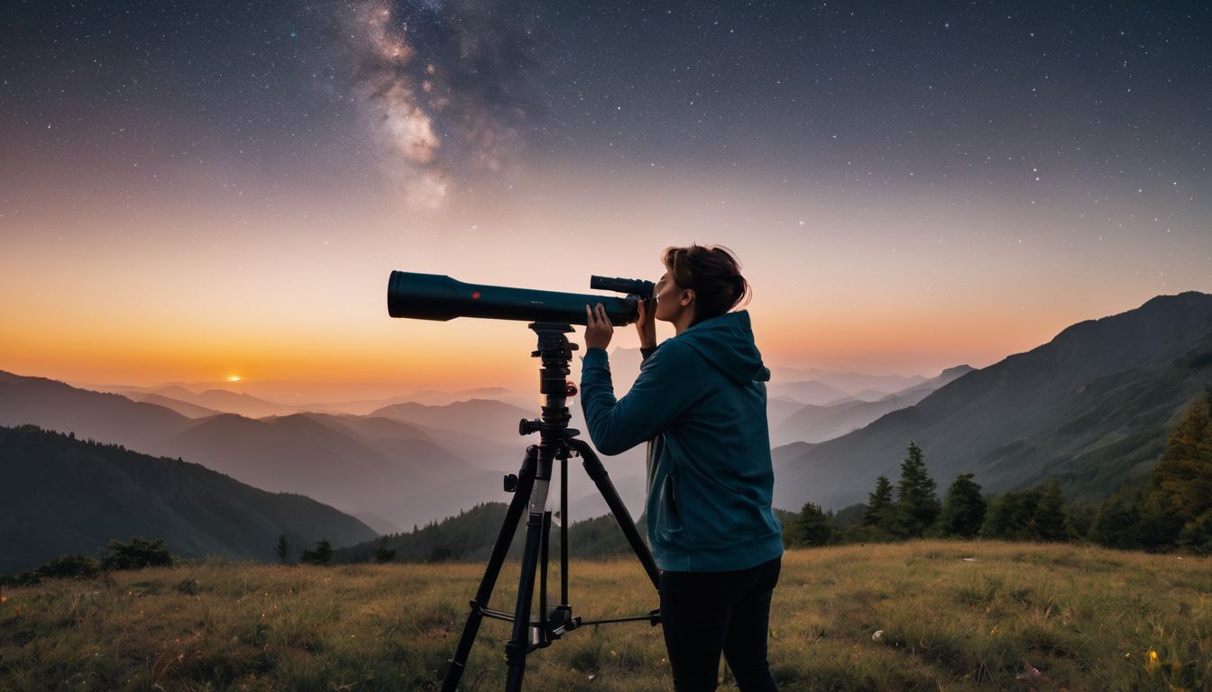 une personne observant le ciel nocturne avec un télescope dans la nature paisible.