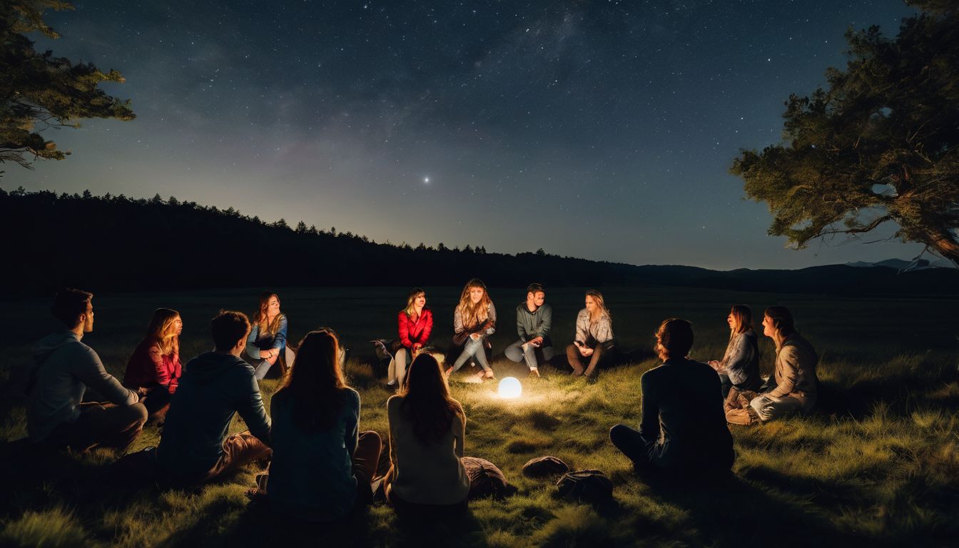 un groupe d'amis observe les étoiles dans un champ éclairé par la lune.