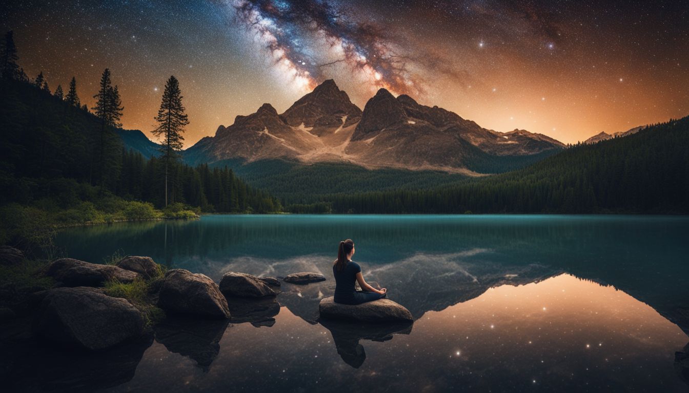 une personne méditant sous un ciel étoilé, entourée de la nature sereine.