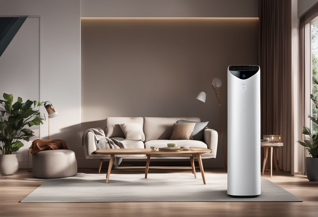 A modern living room with a Midea Duo Smart Inverter Portable Air Conditioner.