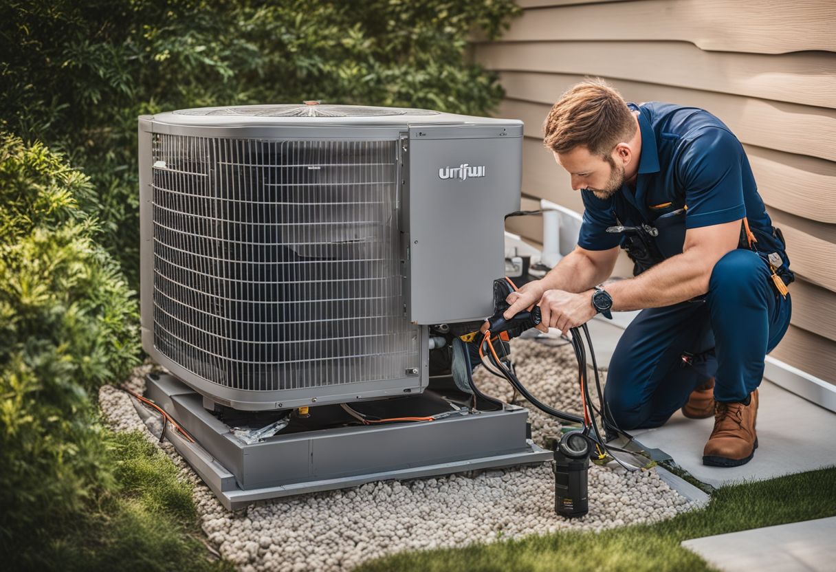 A technician conducting maintenance on a smart home air conditioning unit.