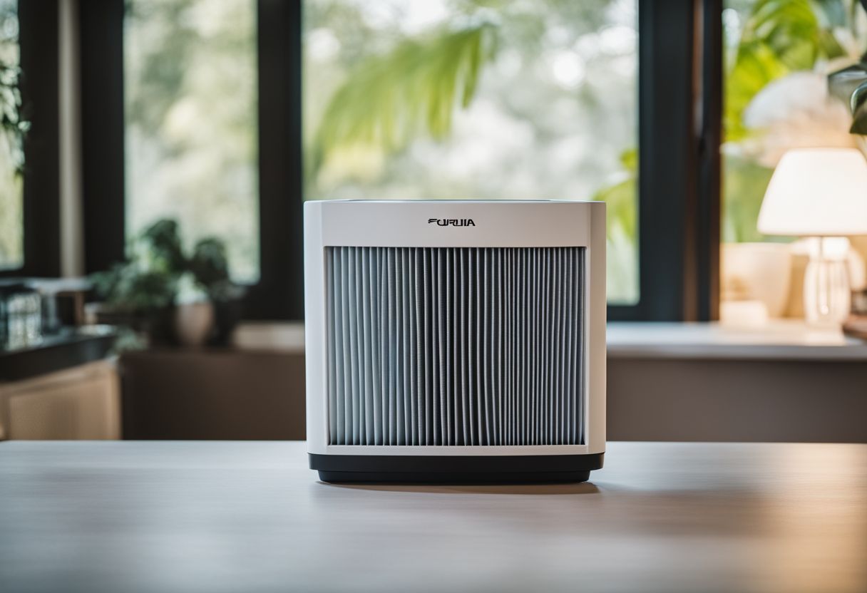 A high-quality air filter for portable ACs surrounded by clean indoor air.