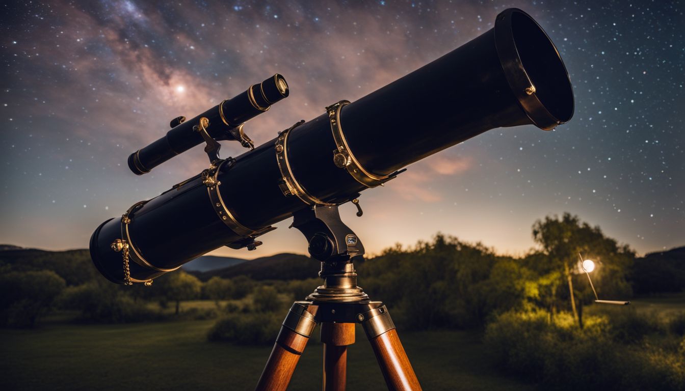 un ancien télescope sous un ciel étoilé avec différentes personnes.