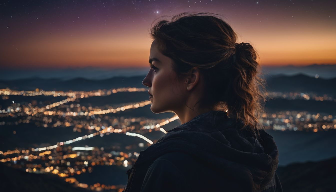 une personne regardant le ciel nocturne avec des constellations visibles.
