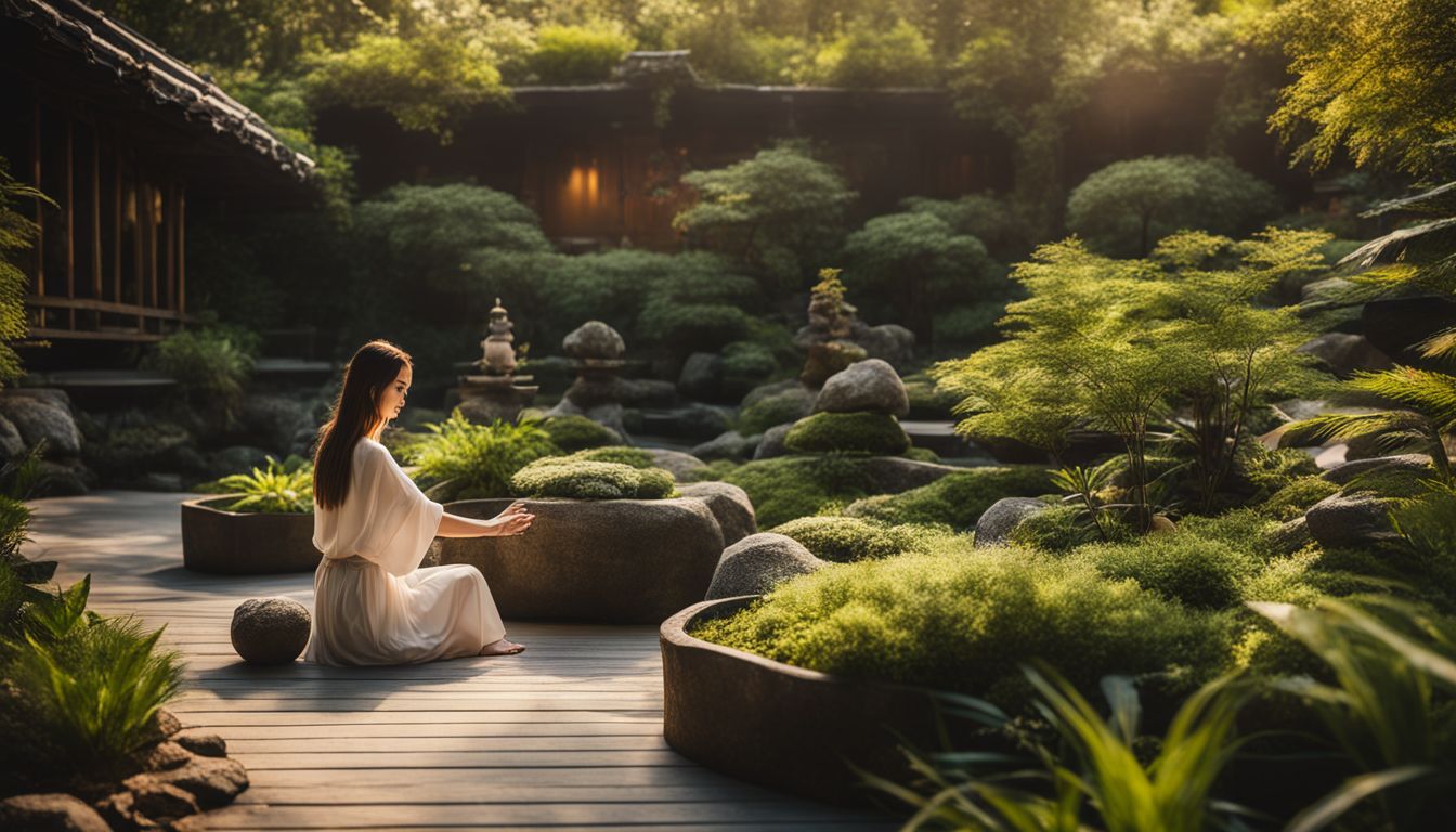 une photo d'un jardin zen paisible avec des mains douces touchant les plantes.